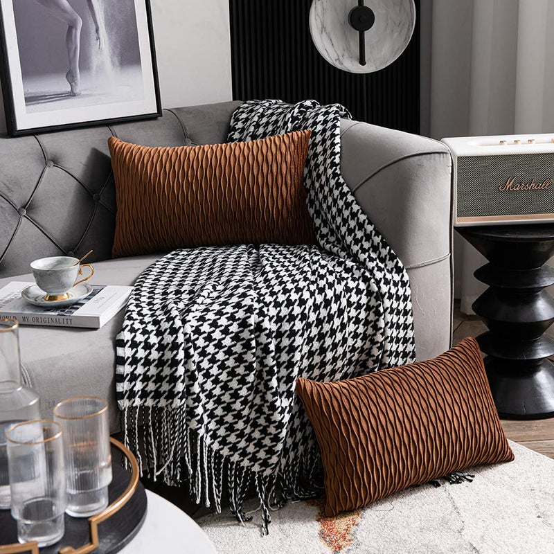 DEZENE Light Brown Throw Pillow Cases: 2 Pack 12x20 Inch Original Stripe Velvet Rectangular Decorative Pillow Covers for Farmhouse Couch - Image 3